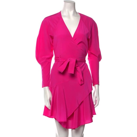ALC Hot Pink Silk Long Puff Sleeve Ruffle Wrap Mini Dress - US 2 / XS - Picture 4 of 6